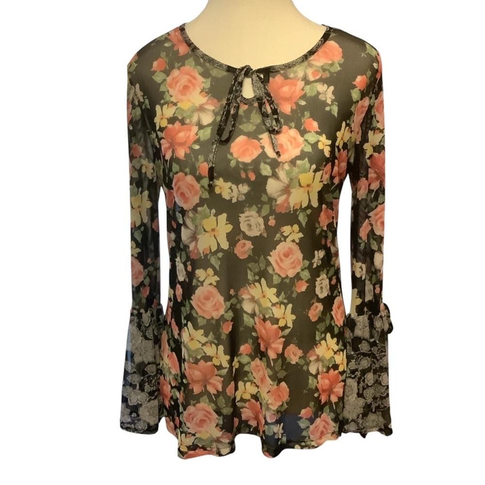 COMO BLACK SHEER BLOUSE WITH FLORAL PRINT & RUFFLED SLEEVE/ Size S